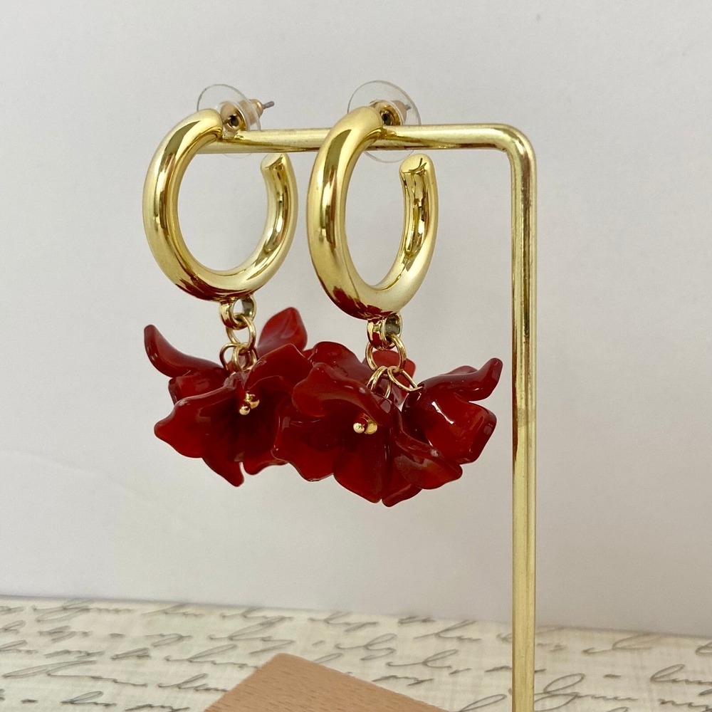 Red Acrylic Flower Petal Dangle Gold Tone Hoop Earrings